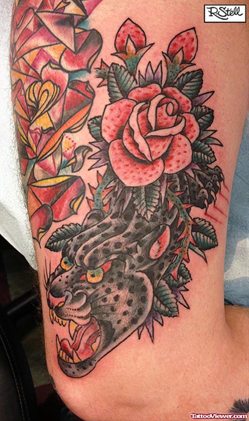 Red Rose And Panther Head Tattoo On Half Sleeve