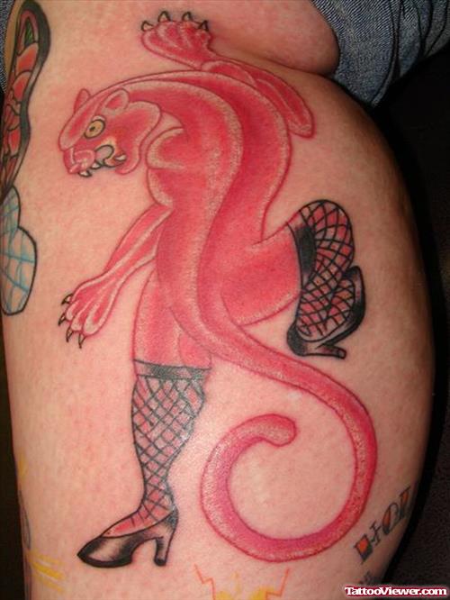Pinup Red Panther Tattoo On Leg