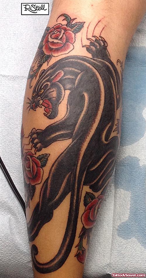 Red Rose Flowers And Crawling Panther Tattoo On Leg
