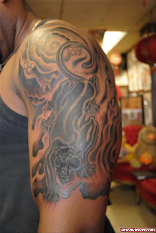 Panther Tattoo On Man Left Half Sleeve