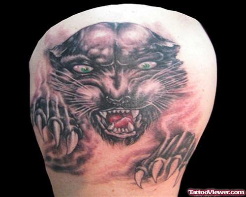 Grey Ink Panther Tattoo On Shoulder