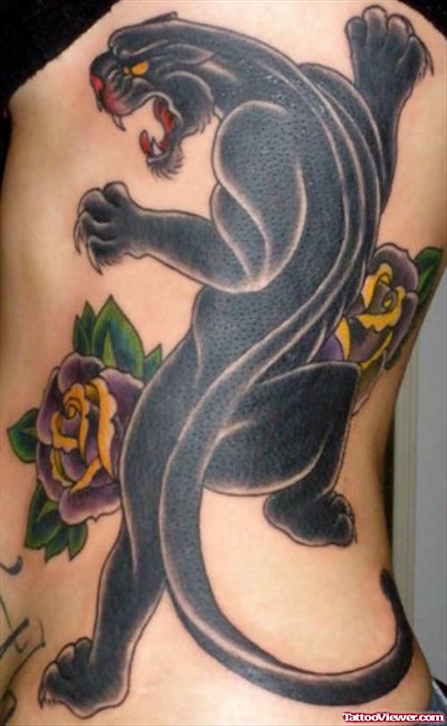 Black Rose Flowers And Panther Tattoo On Side