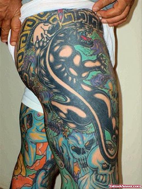 Awesome Colored Japanese Panther Tattoo On Right Leg Sleeve