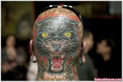 Angry Panther Tattoo On Back Head