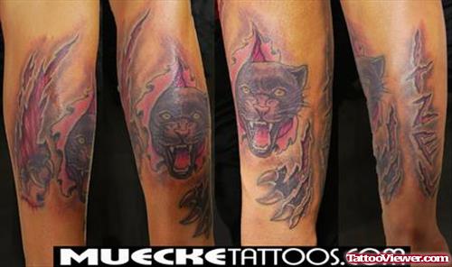Ripping Flesh Panther Tattoo On Sleeve