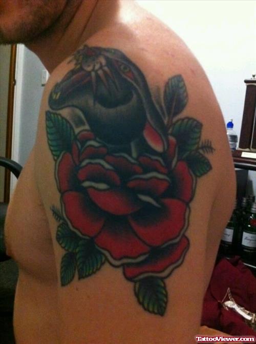 Red Rose Flower and Panther Tattoo On Left Shoulder