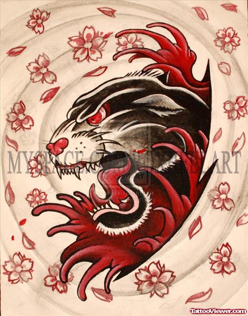 Flowers And Ripped Skin Panther Head Tattoo Design