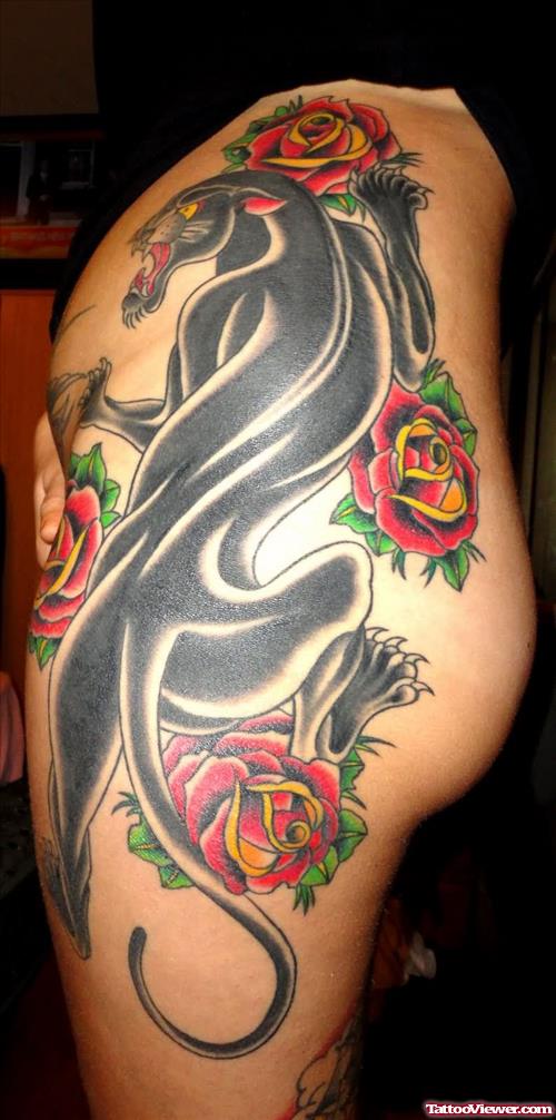 Red Rose Flowers And Panther Tattoo On Side
