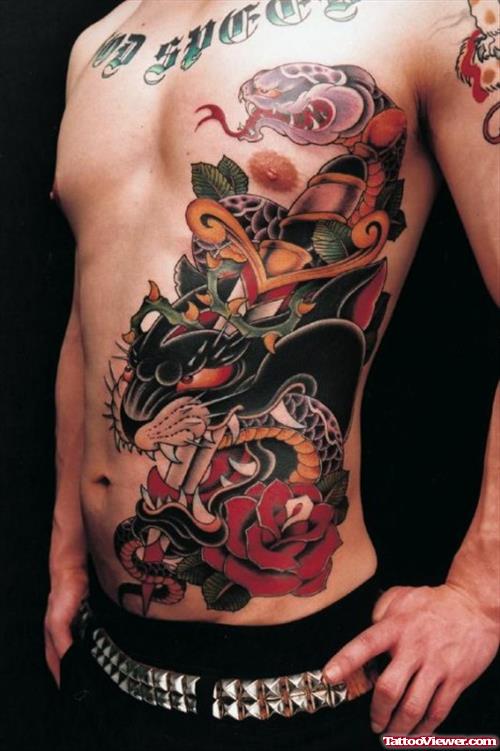 Red Rose Flower And Dagger Panther Tattoo On Side