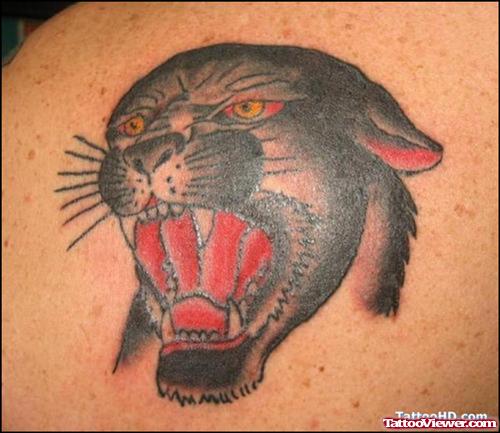 Attractive Black Panther Head Tattoo On Left Back Shoulder