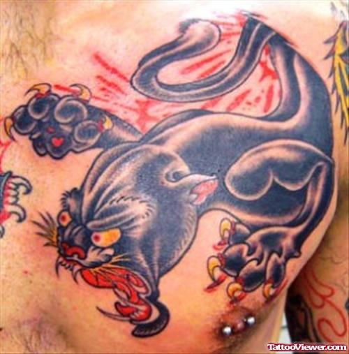 Angry Panther Tattoo On Man Chest