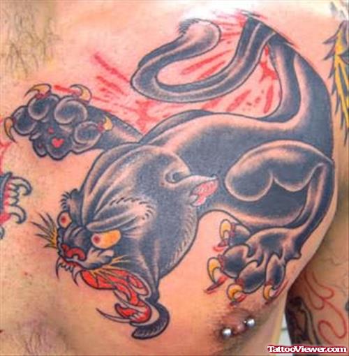 Coloured Angry Panther Tattoo On Chest