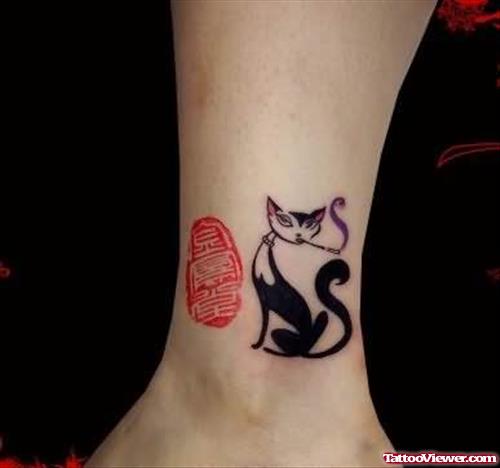 Tribal Cat Panther Tattoo On Ankle