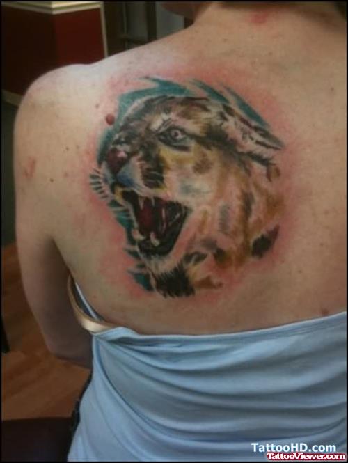 Agressive Panther Tattoo On Back Shoulder