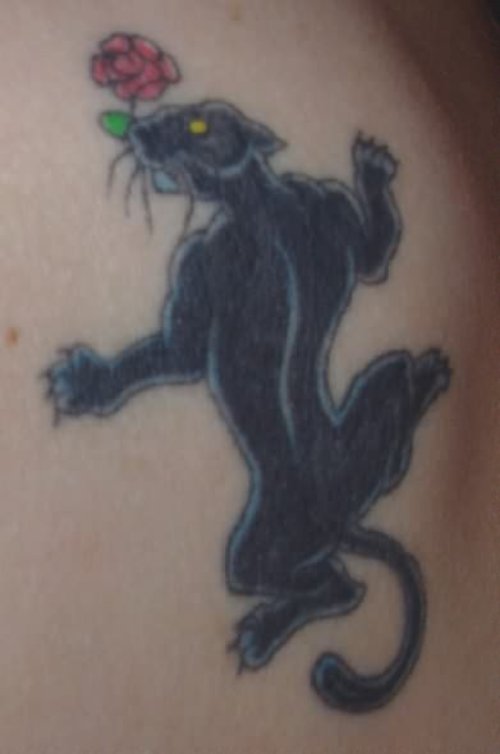 Black Panther And Rose In Mouth Tattoo