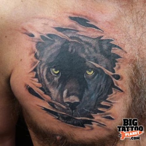 Black Panther Head Tattoo On Man Chest