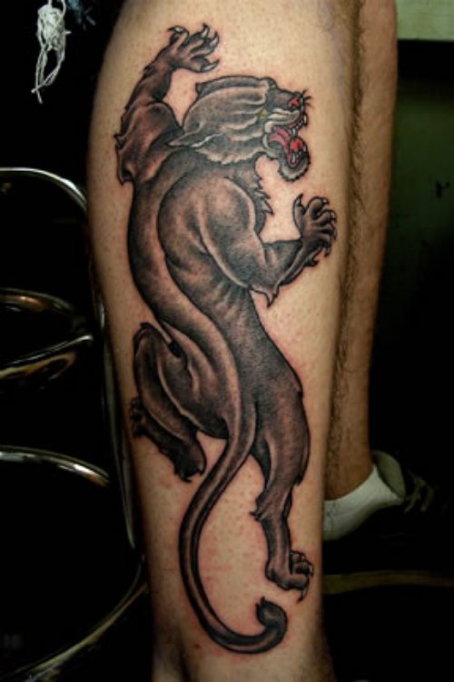 Grey Ink Panther Tattoo On Right Leg