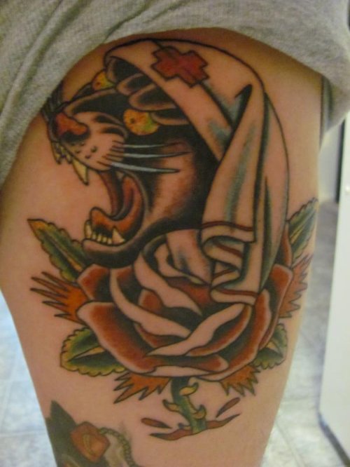Red Rose And Panther Tattoo On Biceps