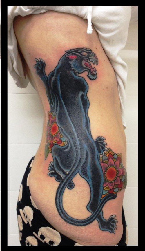 Flower And Panther Tattoo On Side