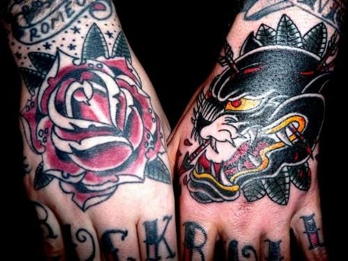 Rose Flower And Panther Head Tattoos On Hand