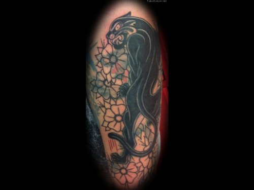 Attractive Flowers And Panther Tattoo On Half Sleeve