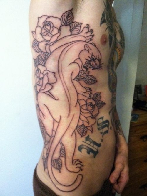 Flowers And Outline Panther Tattoo On Man Side Rib