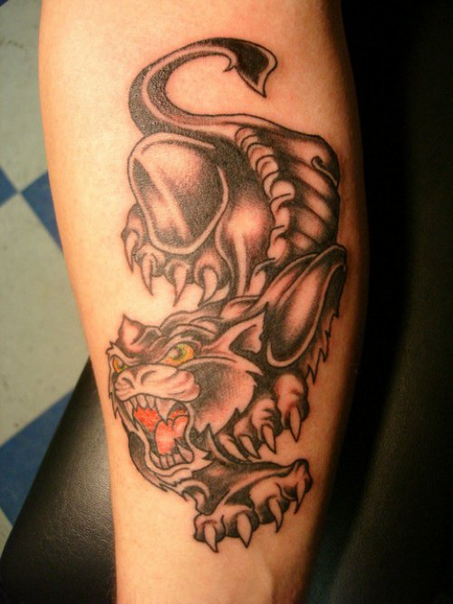 Awful Grey Ink Panther Tattoo On Leg