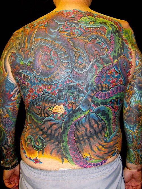 Colored Japanese Panther Tattoo On Back