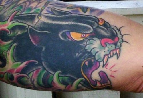 Nice Black Panther Tattoo On Sleeve