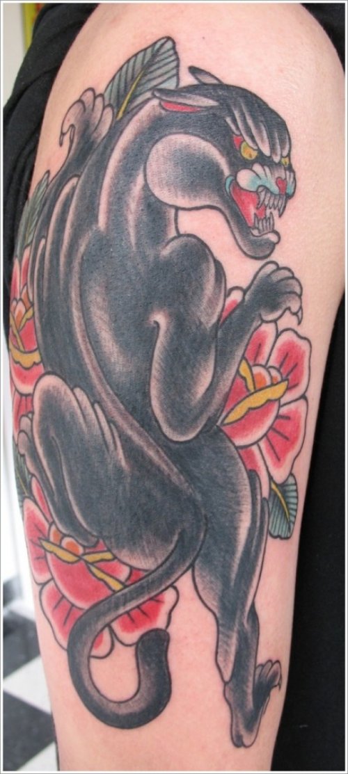 Red Flowers And Black Panther Tattoo On Half Sleeve