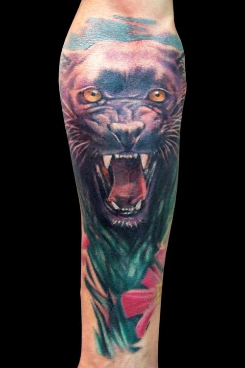 Angry Panther Head Tattoo On Forearm