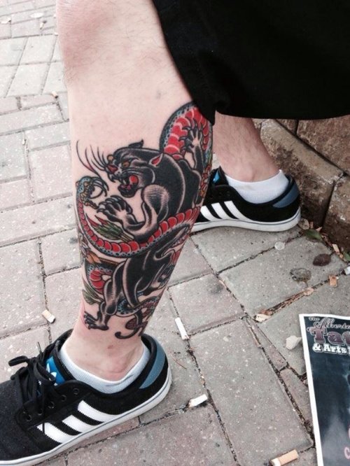 Left Leg Snake And Panther Tattoo