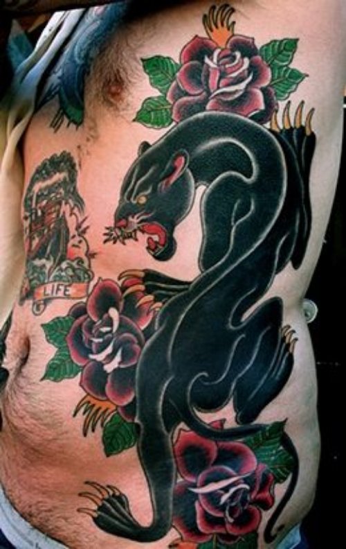 Red Roses And Black Panther Tattoo On Man Side Rib