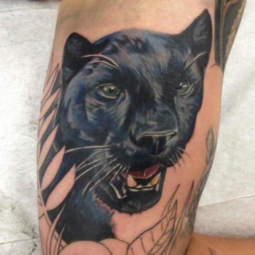 Awesome Angry Panther Head Tattoo On Right Bicep