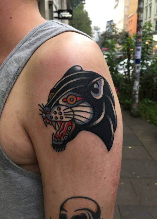 Panther Head Tattoo On Left Shoulder For Men