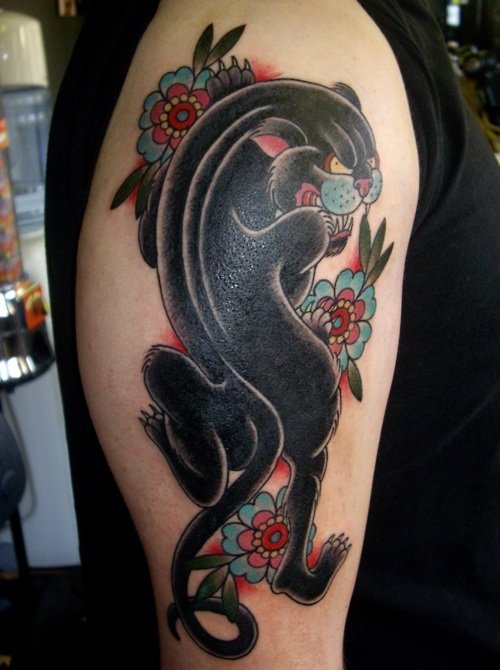 Traditional Flowers And Panther Tattoo On Right Half Sleeve