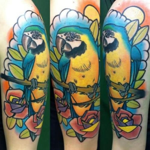 Red Rose And Parrot Tattoo