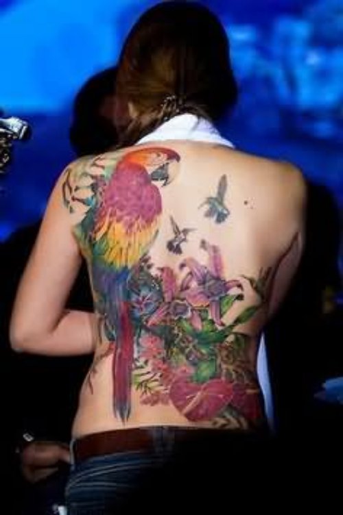 Girl Back Body Parrot Tattoos