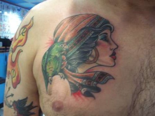 Man Chest Parrot Tattoo