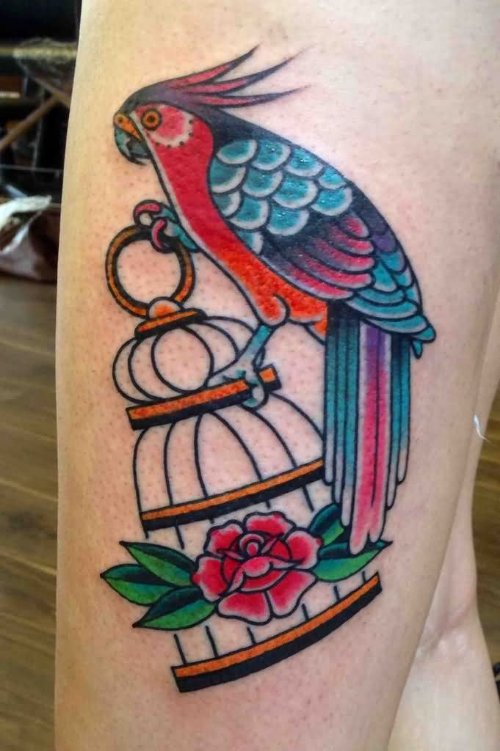 Flower Cage And Parrot Tattoo On Leg Sleeve