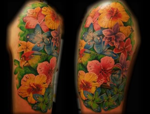 Colored Flowers and Parrot Tattoo