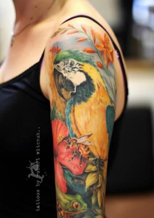 Girl Left Half Sleeve Parrot Tattoo