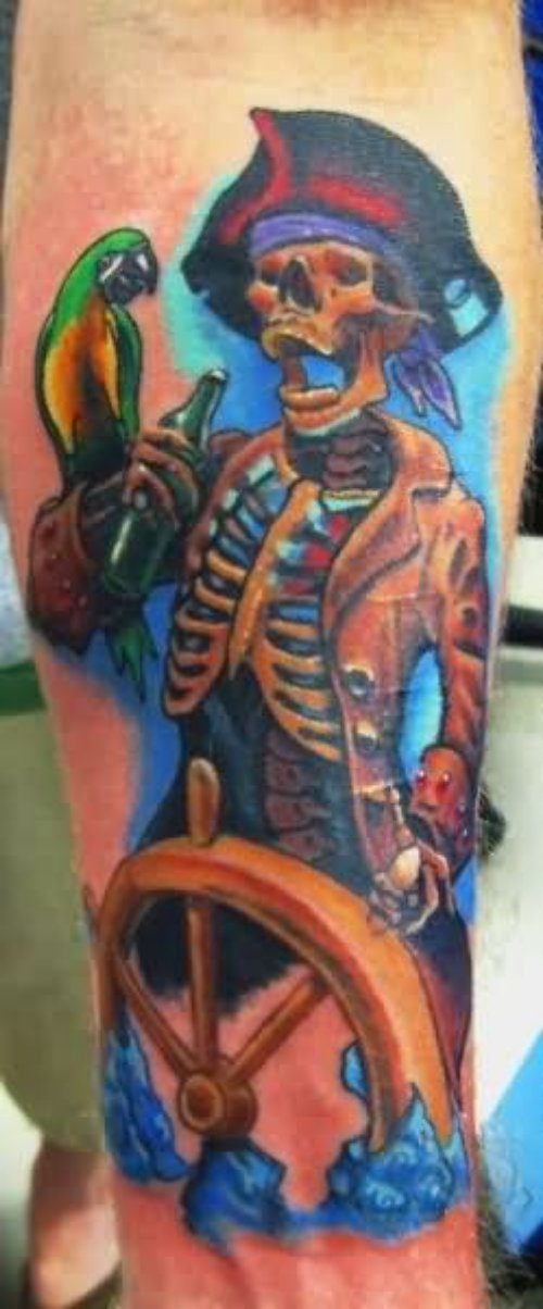 Skeleton With Parrot Tattoo On Sleeve