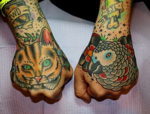 Cat Head And Parrot Heads Tattoos