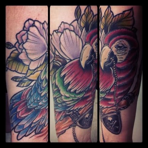 Grey Flower And Red Parrot Tattoo On Sleeve