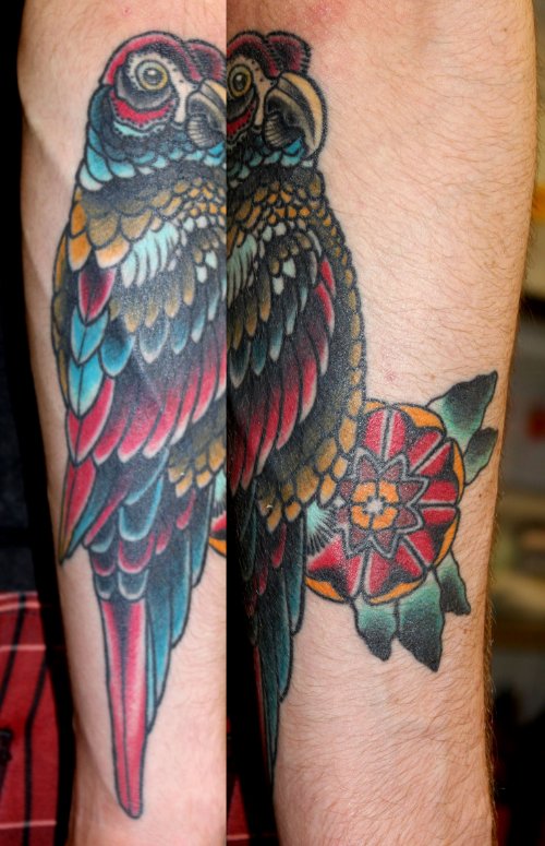Red Flower And Colorful Parrot Tattoo On Sleeve