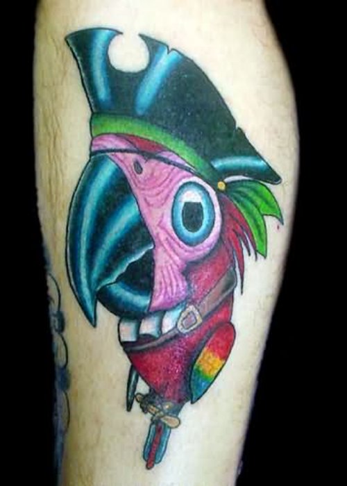 Parrot Head With Black Hat Tattoo