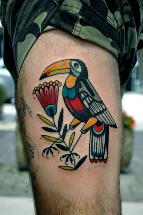 Beautiful Color Ink Parrot Tattoo On Leg