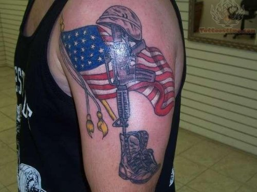 Petriotic Flag And Soldier Gun Tattoo