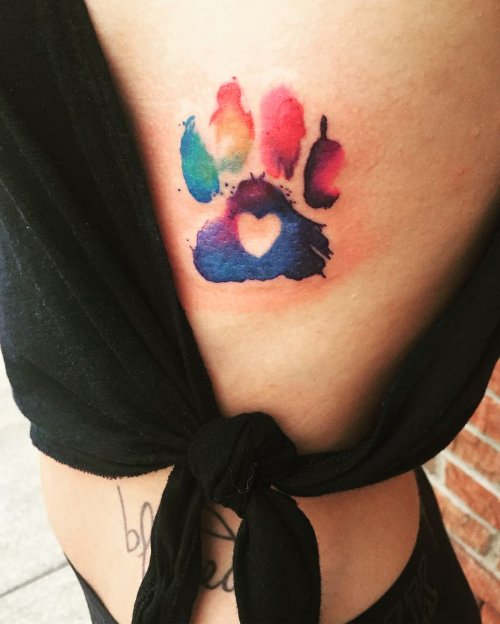 Watercolor Paw Tattoos On Girl Rib Side